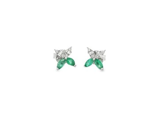 18K White Gold Emerald Flower Earrings with Natural Diamonds